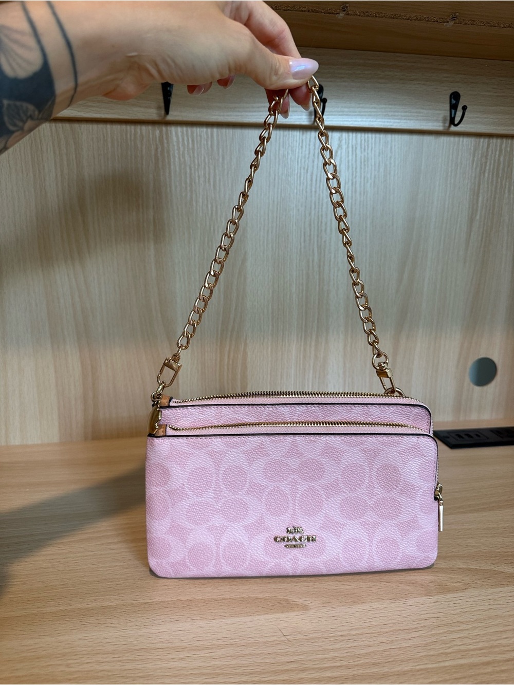 Coach Pink Signature Chain-Handle Crossbody Wristlet